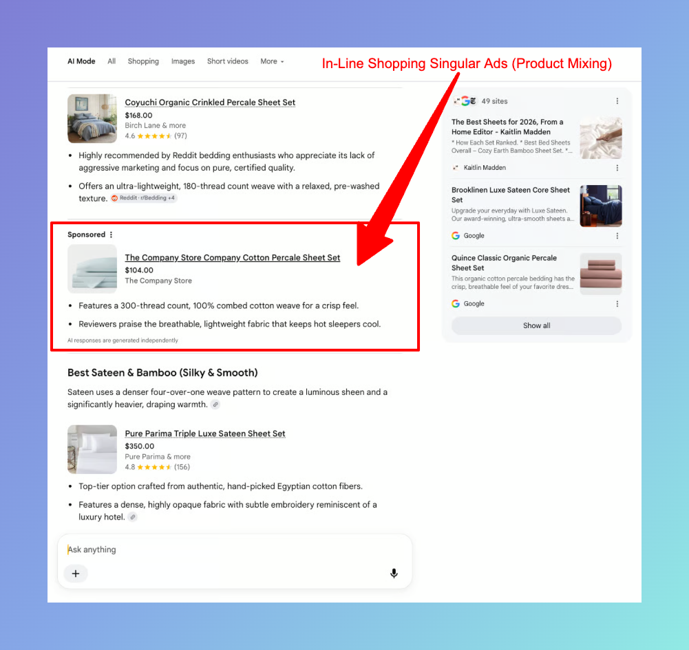 3 In-Line Shopping Singular Ads (Product Mixing) in AI Mode