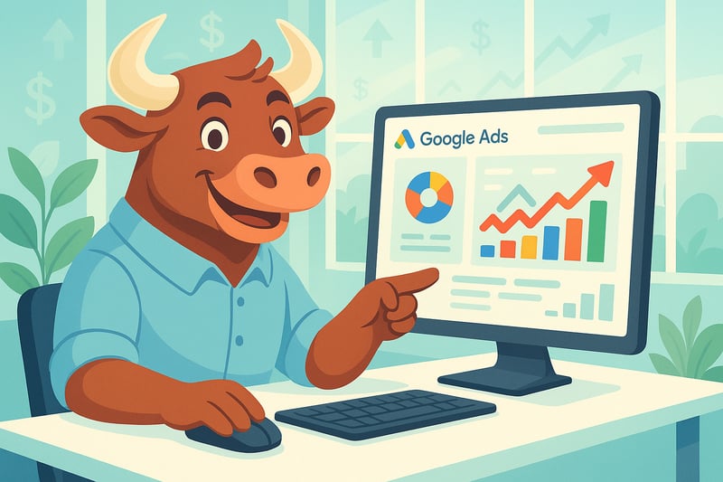A bright modern flatstyle illustration of a friendly cartoon bull working on Google Ads The bull is sitting at a white desk in a clean office environment with lots of natural light On the computer screen colorful charts graphs and ad performance metr