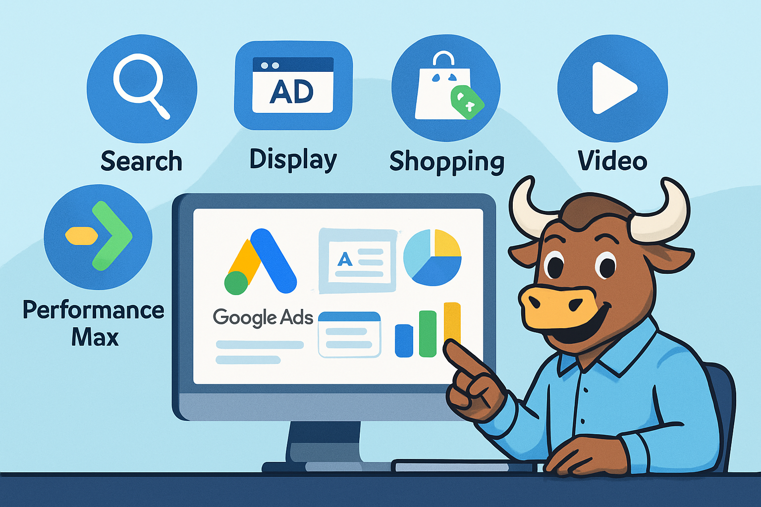 A clean modern flatstyle digital illustration showing the different types of Google Ads campaigns At the center is a large computer screen displaying the Google Ads logo and colorful charts graphs and ad previews Surrounding the screen are floating i