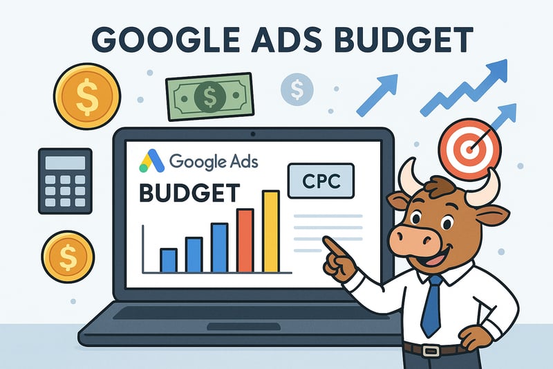 A clean professional infographicstyle digital illustration showing a Google Ads budget concept The centerpiece is a large laptop screen displaying the Google Ads interface with colorful bar graphs and CPC metrics Around the screen are floating icons