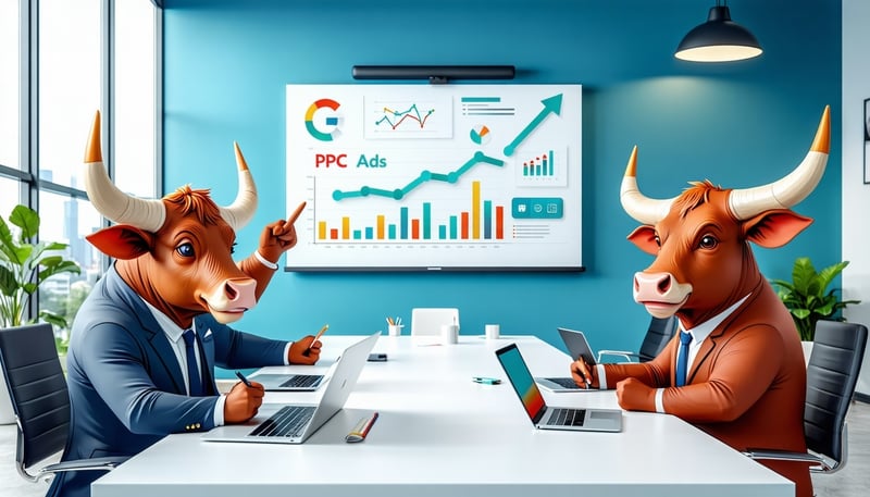 A group of 34 cartoon bulls in a professional business meeting setting The bulls are seated around a modern conference table with laptops and tablets reviewing charts and graphs related to digital marketing and Google Ads One bull is standing and poi-2