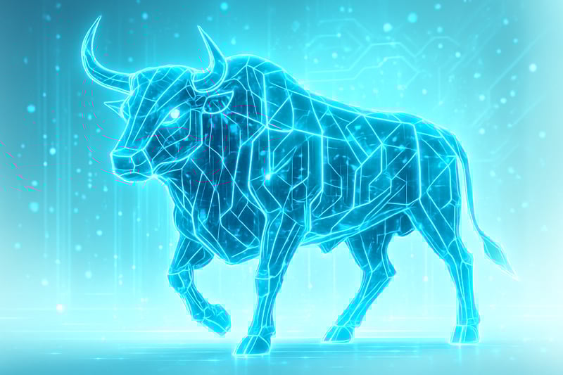 A luminous AIpowered bull made of glowing digital circuitry and geometric light patterns symbolizing strength and intelligence The bulls body is compo-1