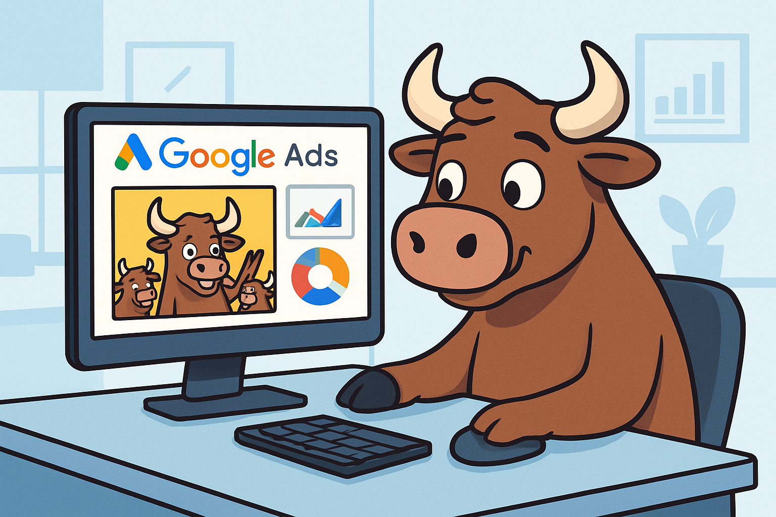 A playful modern flatstyle digital illustration of a cartoon bull sitting at a desk watching a Google Ads campaign on a computer screen On the screen an ad is displayed featuring other cartoon bulls as the main characters in the ad creative The bull-1