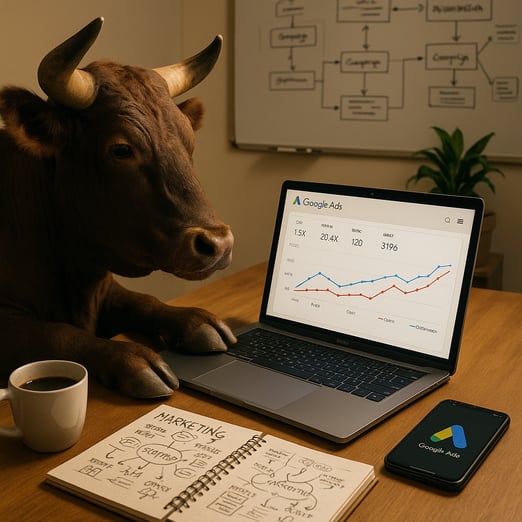 The image depicts a clean and modern workspace featuring a sleek laptop open to a dashboard displaying Google Ads metrics The screen shows a colorful graph with rising trends indicating increasing clicks and conversions Beside the laptop there are no-3