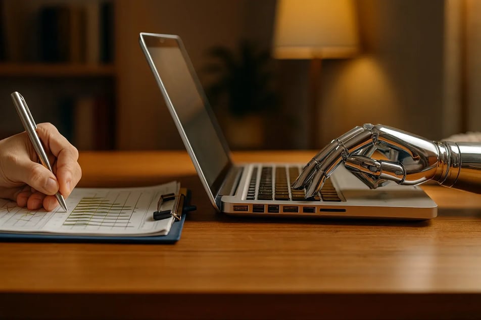 AI content cannibalization concept showing a human hand writing notes on paper while a robotic hand types on a laptop, representing how AI and humans generate overlapping content.