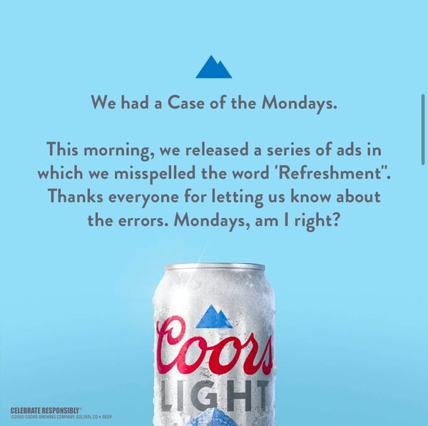 Coors Light response to backlash from copy typo in ad