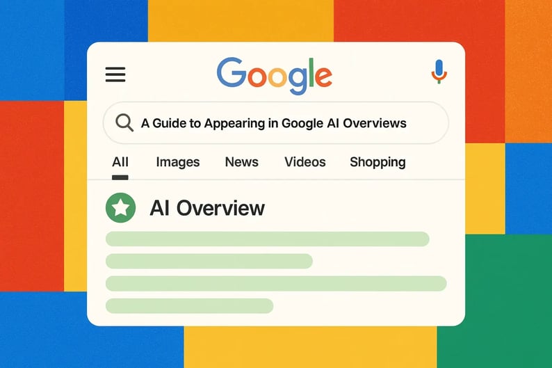 Generative engine optimization illustration showing a Google search result for 'A Guide to Appearing in Google AI Overviews', featuring an 'AI Overview' box with green text bars and a colorful abstract background in Google’s red, yellow, blue, and green brand colors.