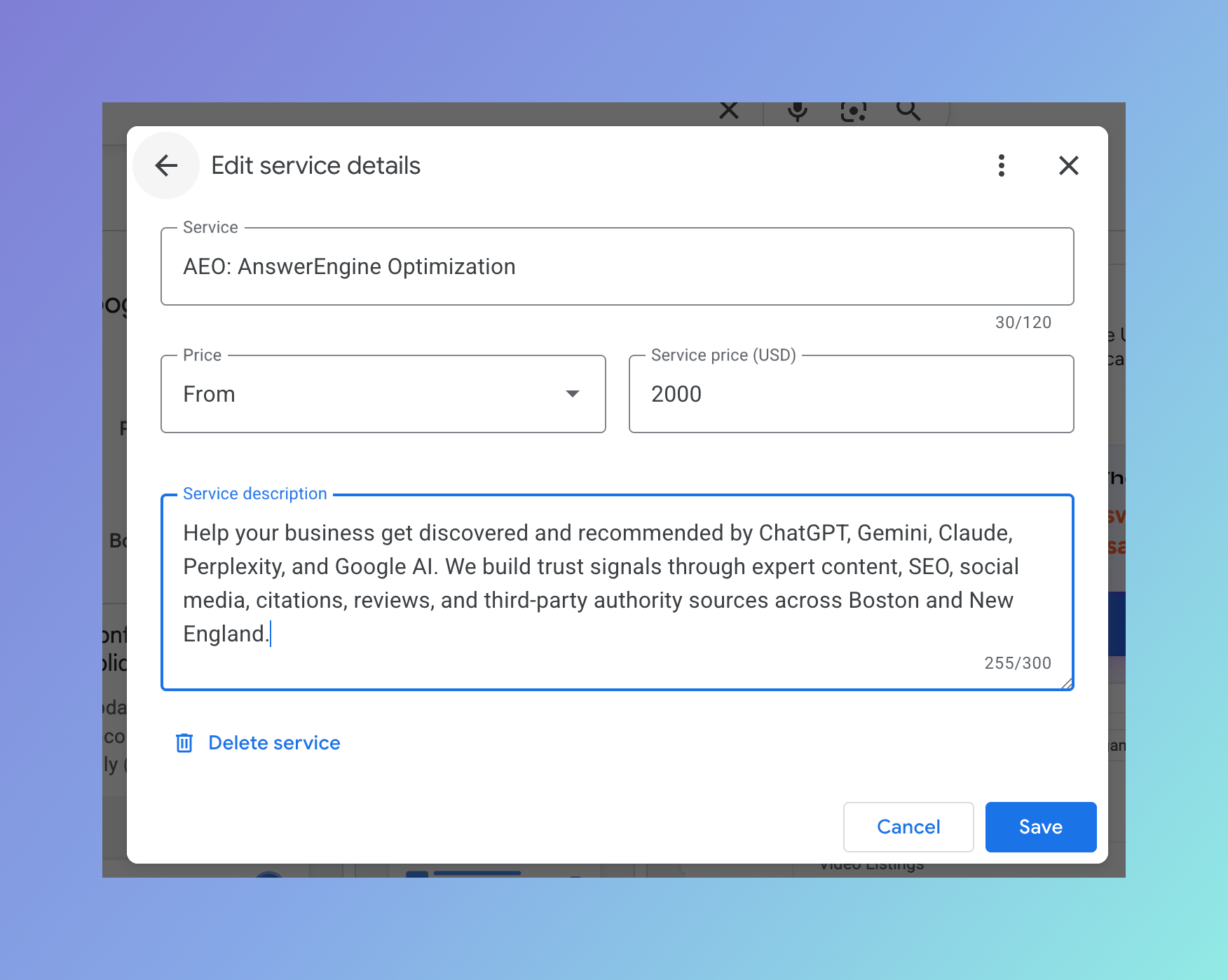 Google Business Profile Service Description for AEO