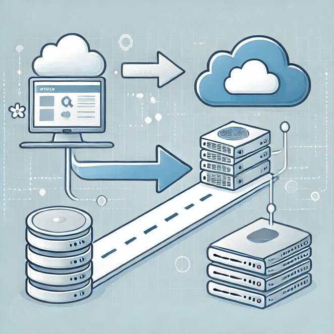 Illustration showing a seamless website migration, with arrows indicating movement from a traditional server to a modern cloud-based server