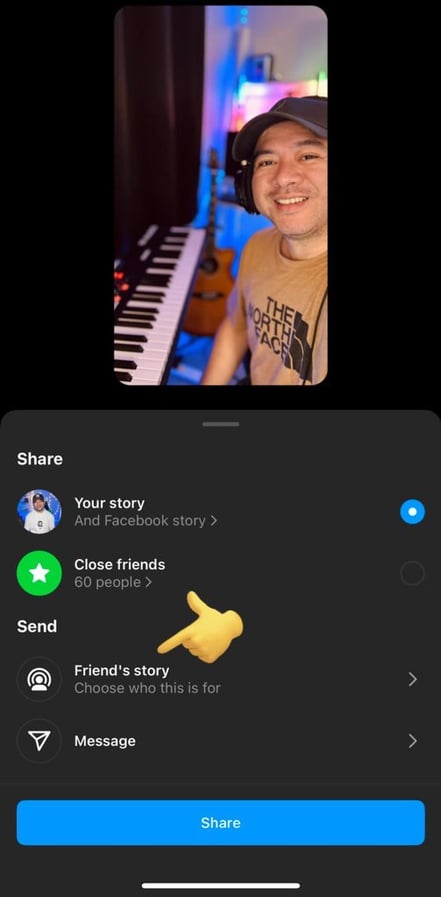 Instagram feature for sharing to friends story