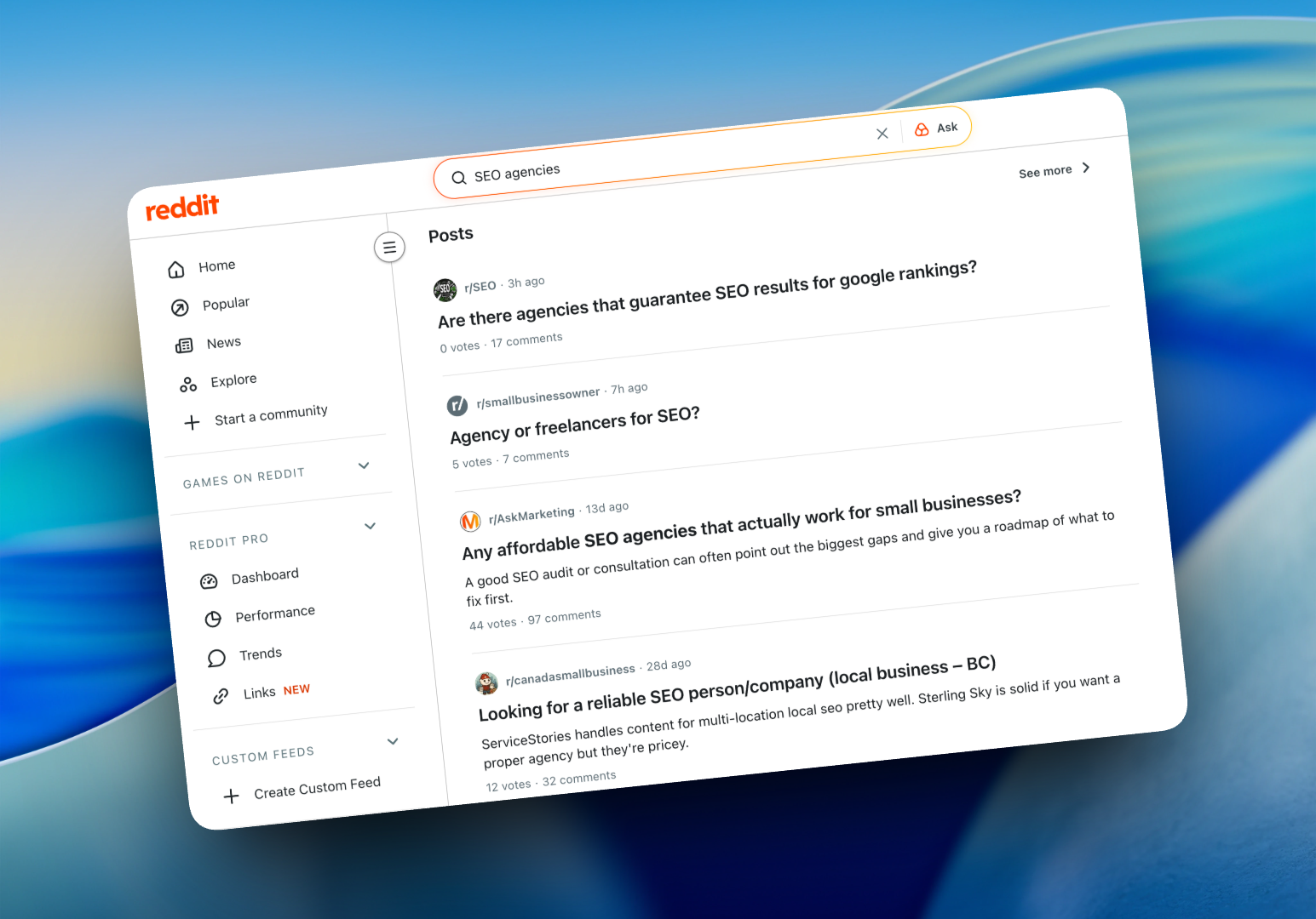 Screenshot of Reddit search showing multiple subreddits - Torro Media