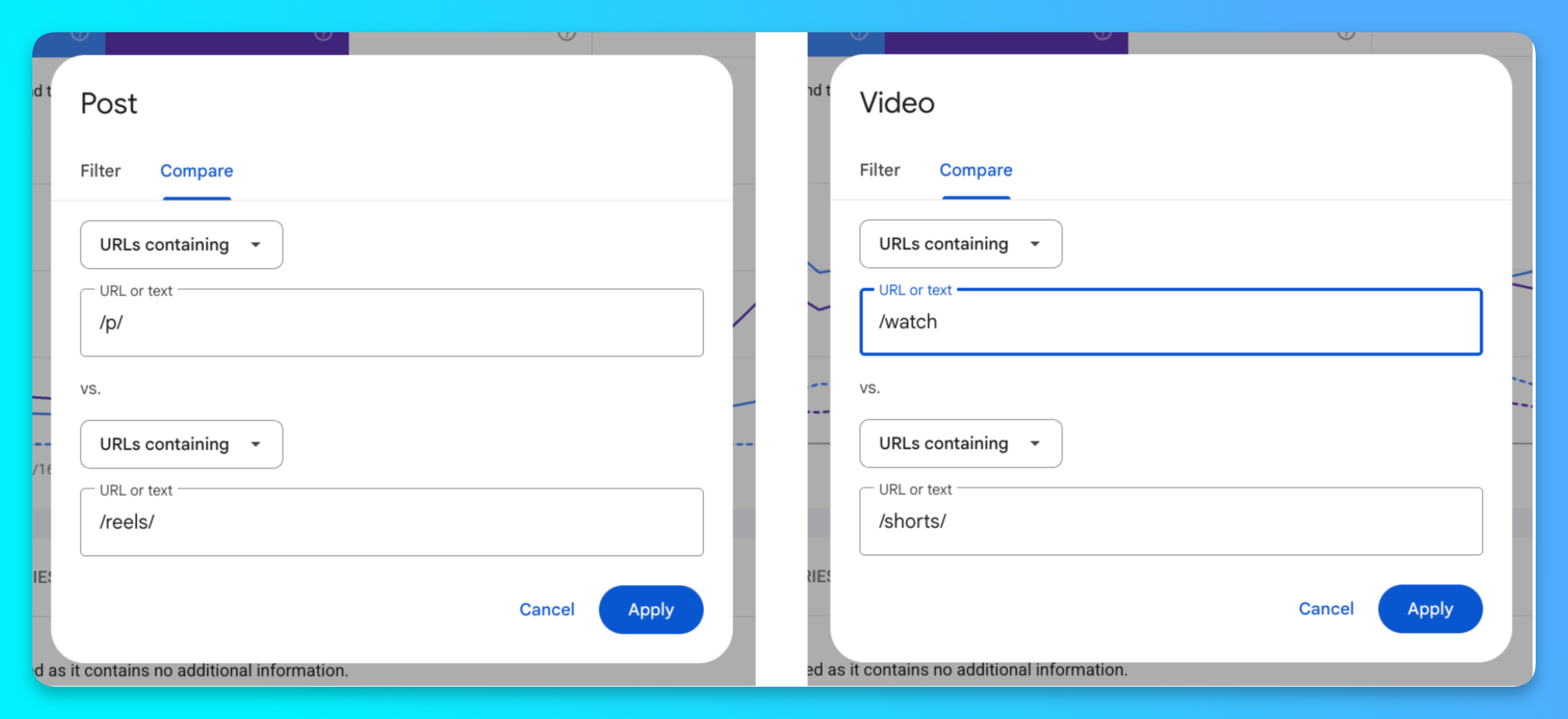 Search Console comparison filters for Instagram Posts vs. Reels and YouTube Videos vs. Shorts