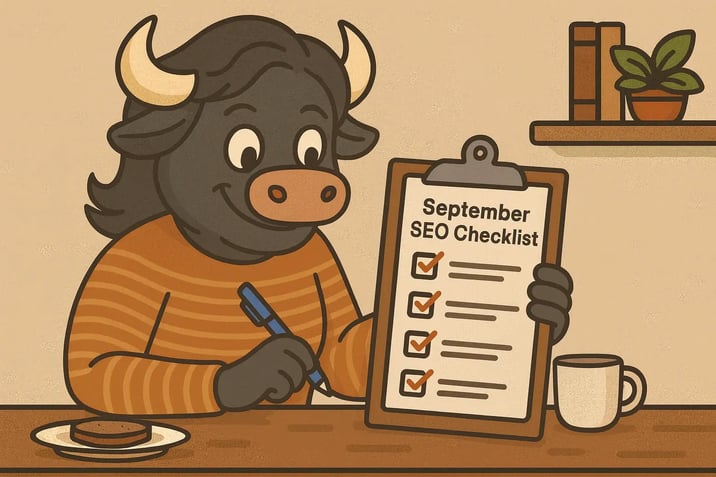 Cartoon illustration of a bull character in an orange striped sweater holding a clipboard titled 'September SEO Checklist' with four checked items, sitting at a table with a plate and coffee cup.