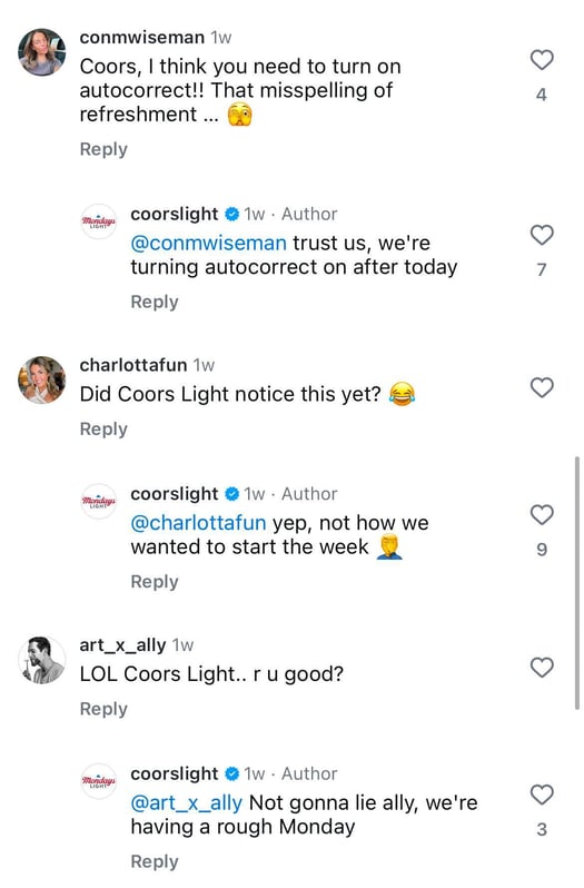 Instagram user reaction to Coors Light typo