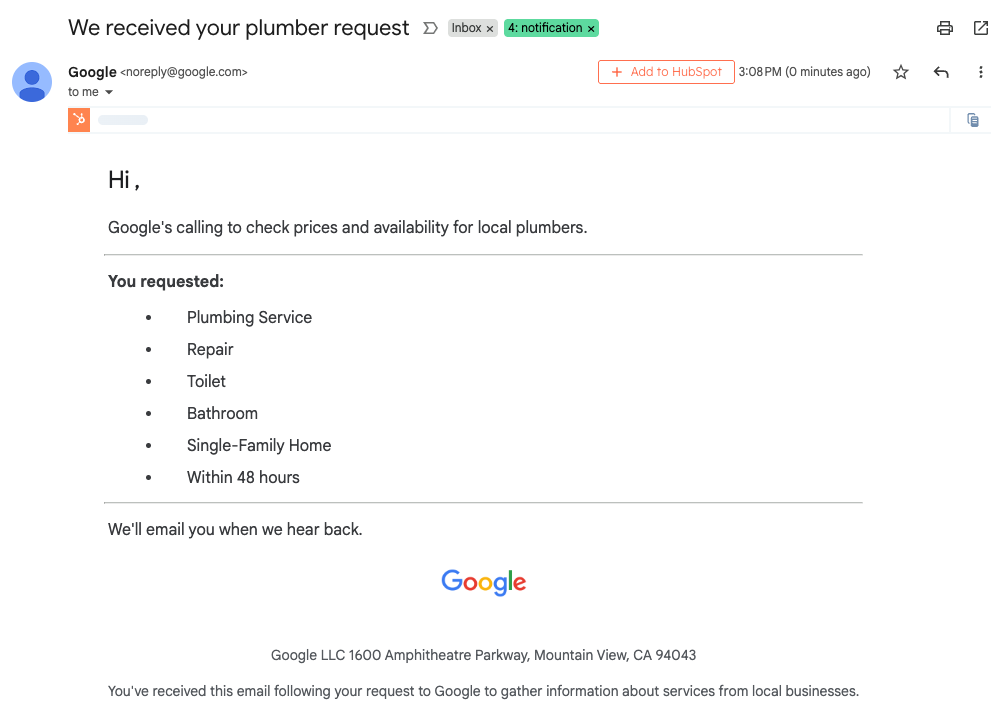 We received your plumber request - AI Pricing Check - Torro Media