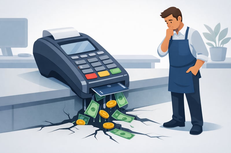 Illustration showing hidden costs of accepting credit cards with a merchant services provider