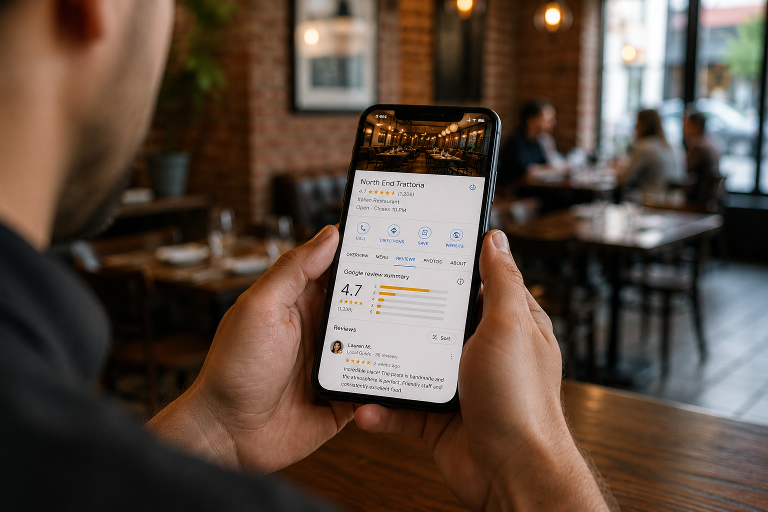 A person in restaurant searching google business profile review