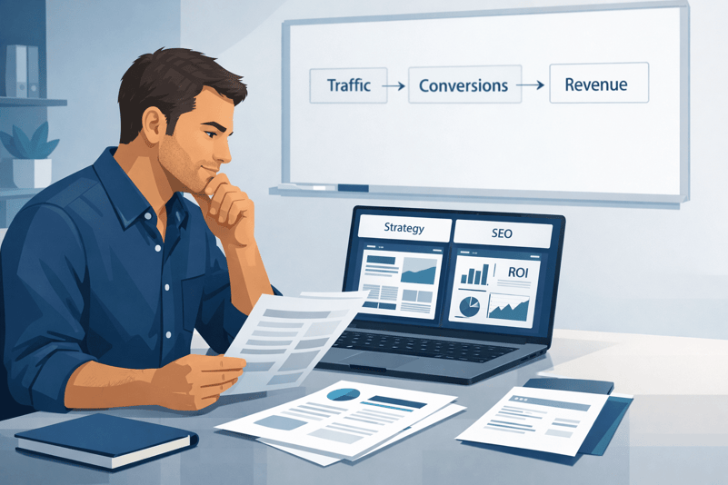 Founder evaluating proposals while learning how to choose a web design agency without overpaying