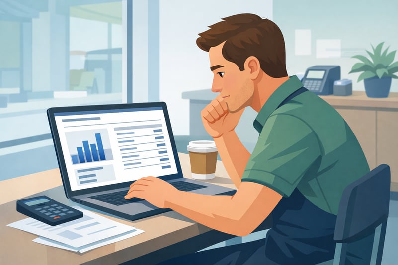 Business owner reviewing credit card processing fees from a merchant services provider