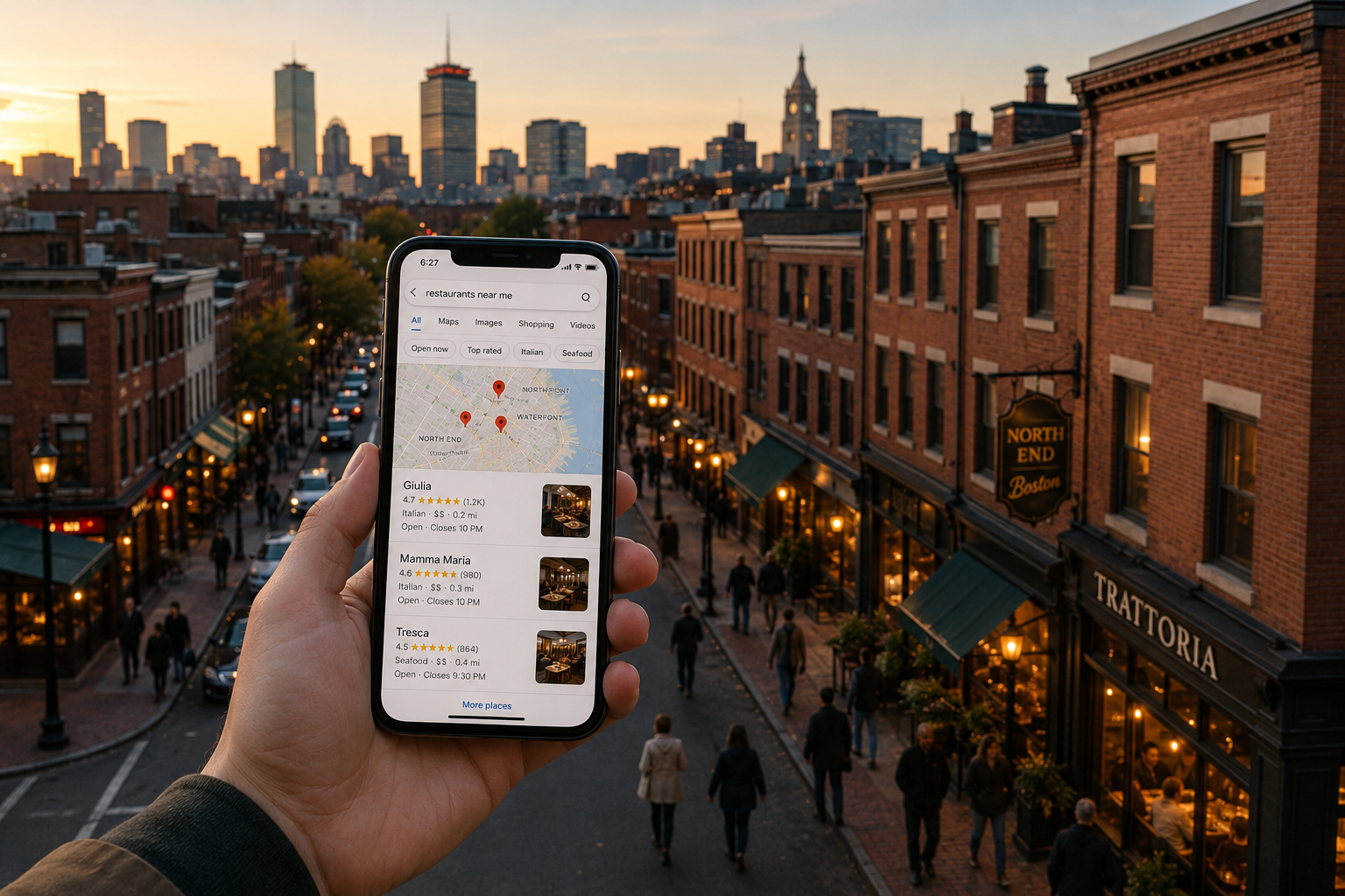 A person holding up a GBP profile for a restaurant in front of Boston Skyline