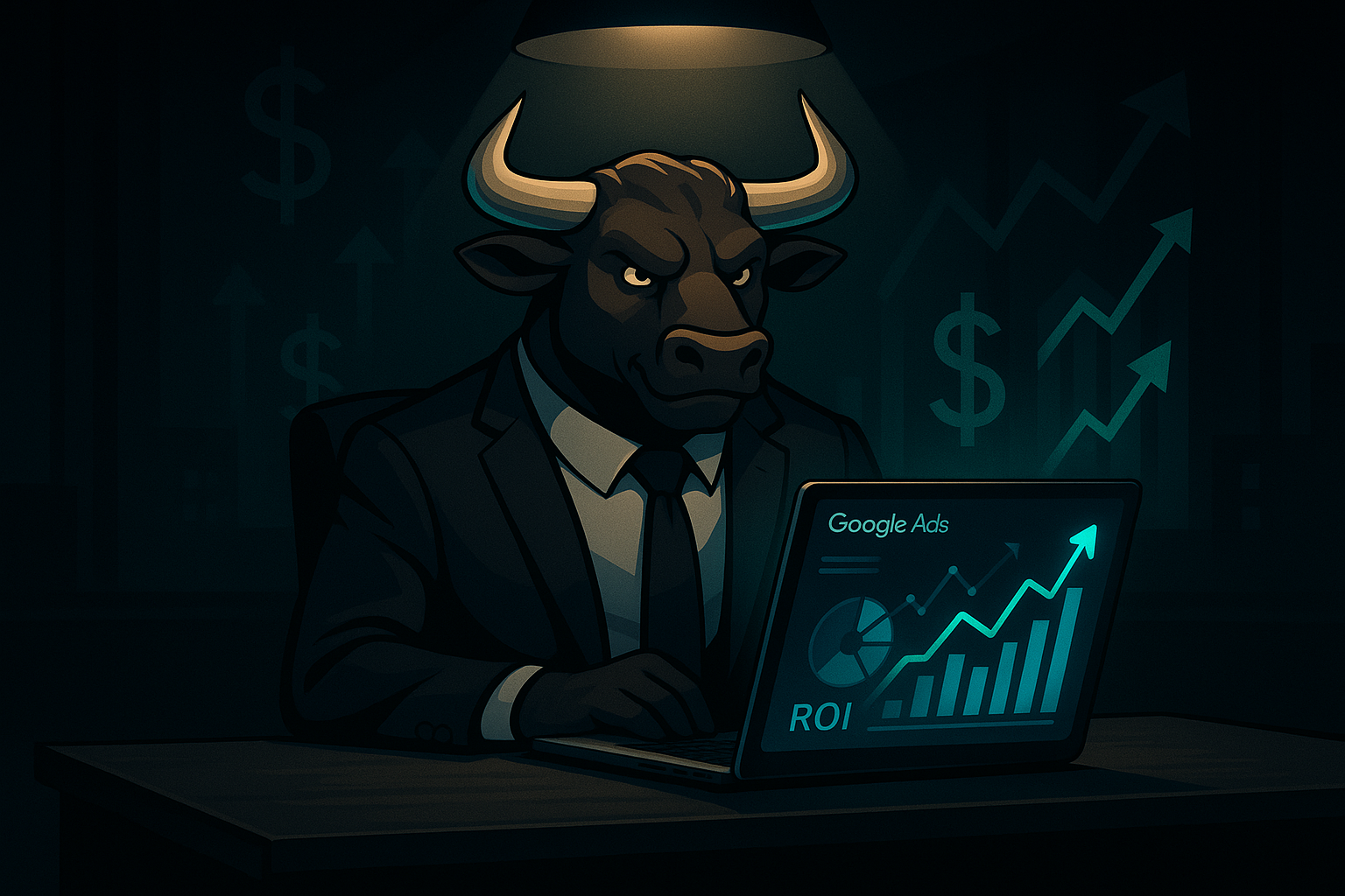 An animated bull dressed in a black suit in a dimly lit room reviewing his Google Ads metrics.