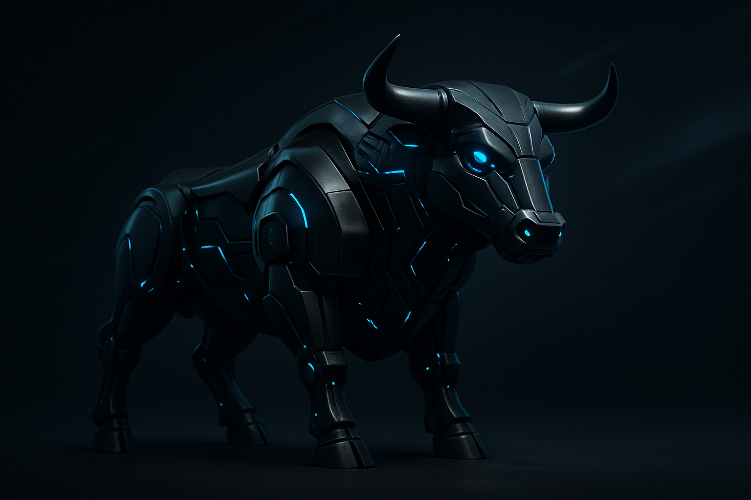 A sleek, futuristic mechanical bull in a dark black and graphite color scheme, illuminated by subtle blue LED lights.