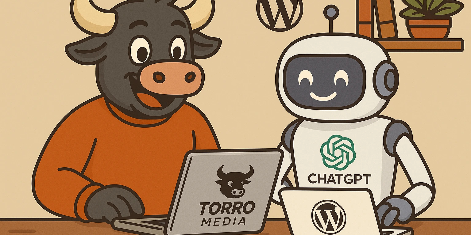 Cartoon of bull and robot using laptops to discuss AI content cannibalization in SEO.