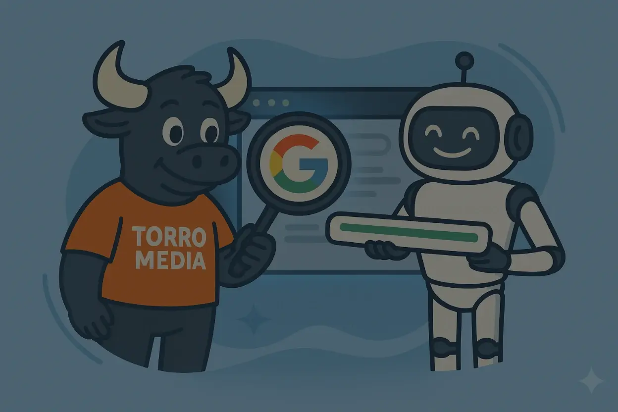 Generative engine optimization Cartoon-style illustration of Torro Media’s bull mascot in an orange shirt holding a magnifying glass with the Google logo, standing next to a smiling robot holding a search bar, symbolizing generative engine optimization and AI-powered search.