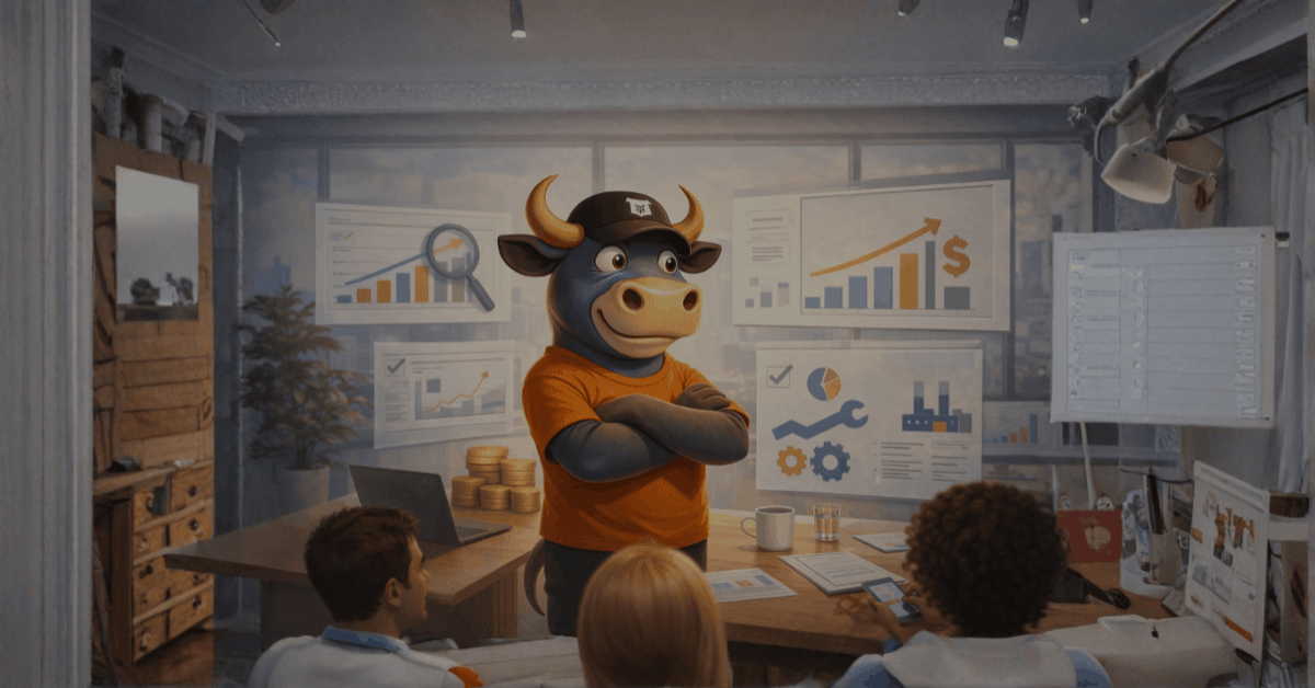Bull character representing a PPC agency analyzing marketing data and profit-focused advertising strategy