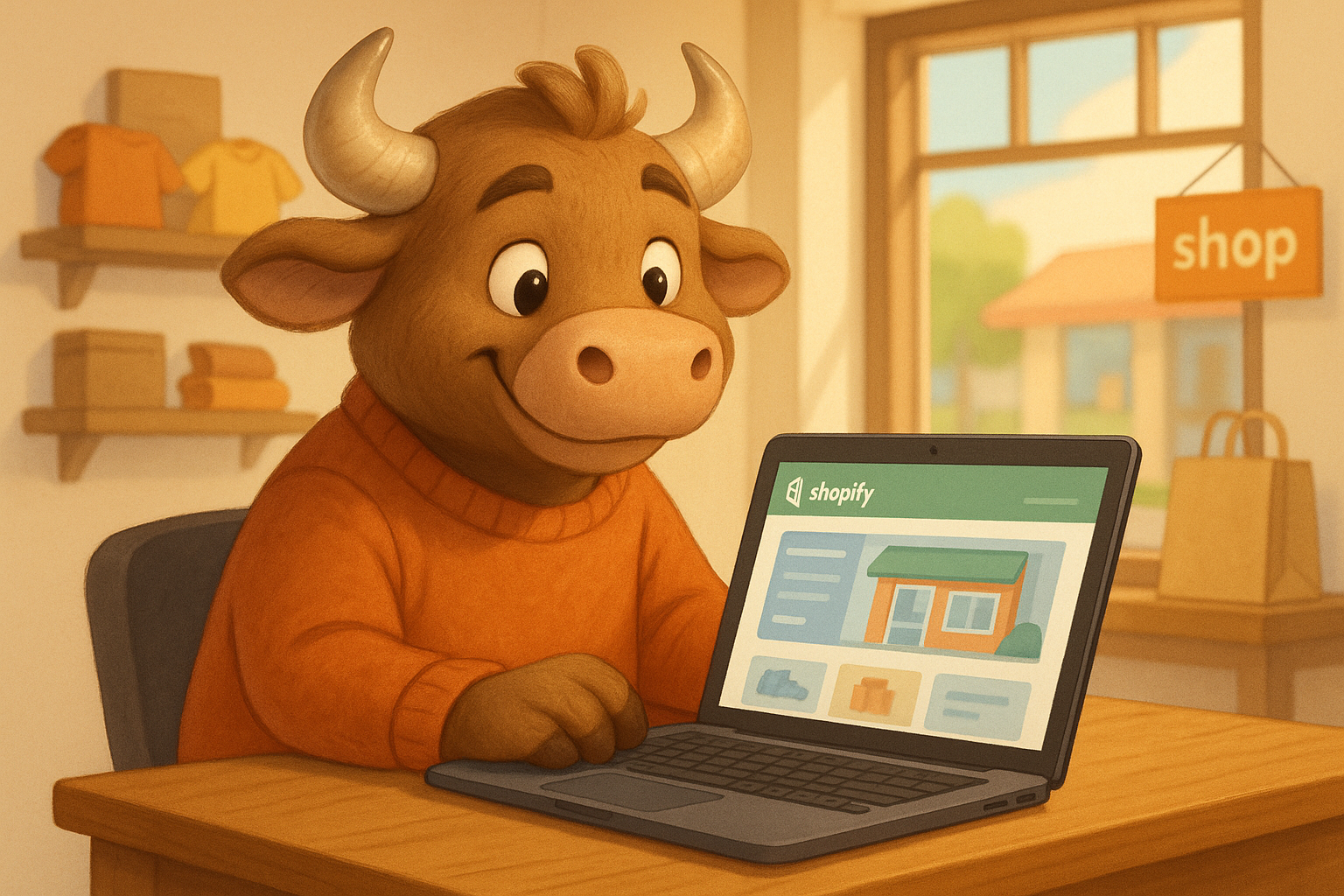 An illustrated bull in a store looking at the Shopify Interface. This represents the business owner thinking about switching to Shopify.