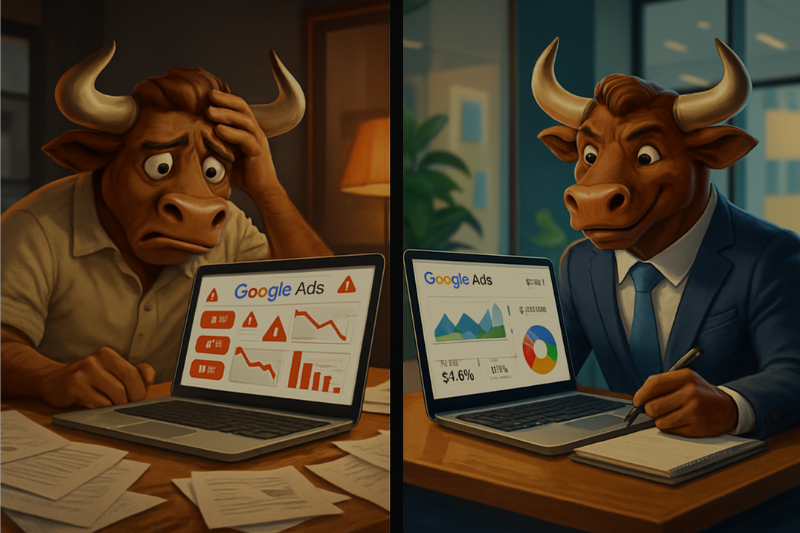 A bull Business Owner managing his Google Ads vs a Bull Agency, Torro Media, managing his ads