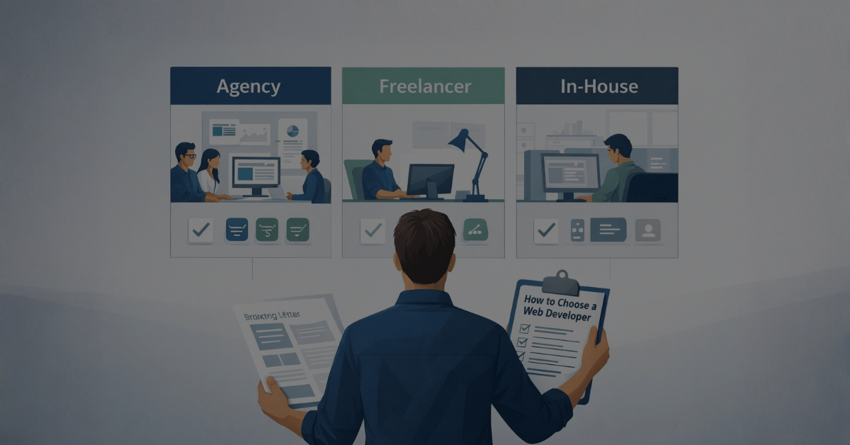 Visual comparison showing how to choose a web developer between agency, freelancer, and in-house options